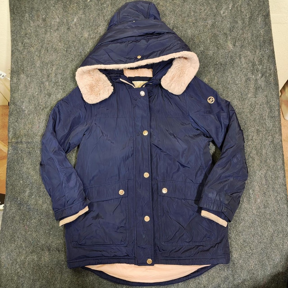 Michael Kors Girls Navy Gold Snap Hooded Parka Winter Coat 10/12 Medium Large